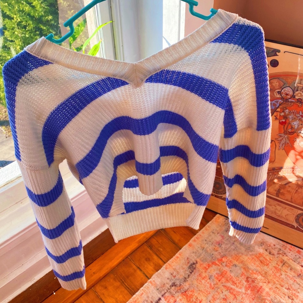 Periwinkle Blue Cozy Off The Shoulder V Neck Woven Knit Striped White Sweater - Picture 2 of 11